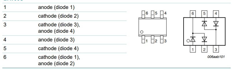 BAV99S(K1) SMD 4xDiodes, 100V, 4x0.05A, 250mW, <6ns, (--|>|----|>|--/--|>|----|>|--), SOT363