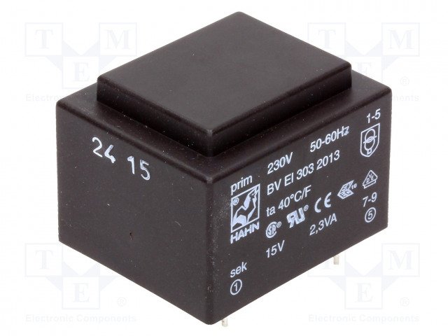Transformators 220V=>15V, 153mA, 2.3VA, 32.5x27.5x23.8mm