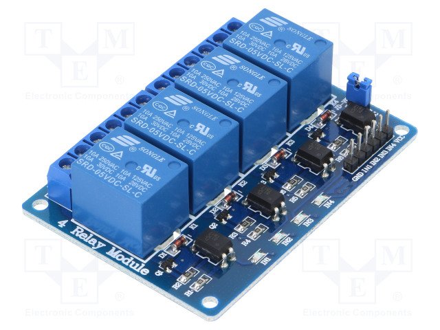 Modulis: relejs 4, 5VDC, 10A, štekeri, 30VDC/250VAC, 50x39x17mm