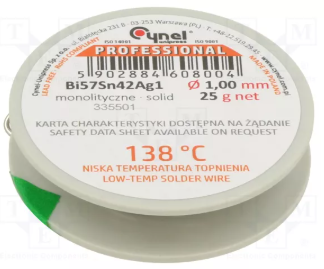 1mm, Bi57/Sn42/Ag1, 25g, Lodalva, flux free, t=138°C, zemas temperatūras bismuta bāzes lodalva