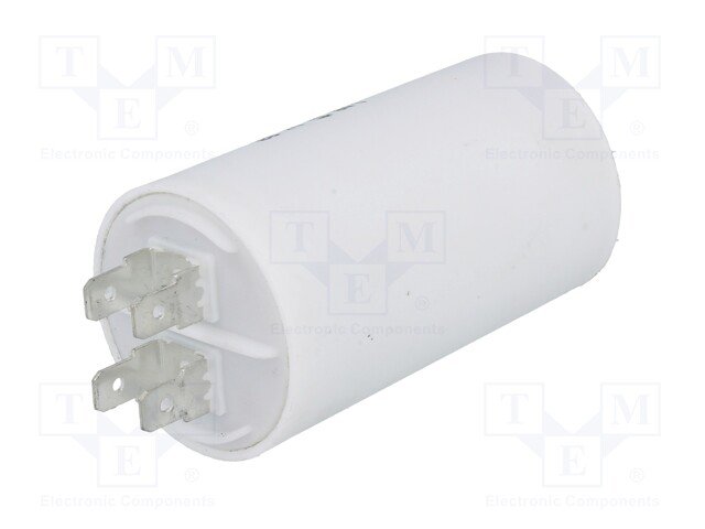 20.0/450VAC, ±5%, elektromotoru kondensators, klemes 6.3mm, 3000h, M8, Ø40x70mm