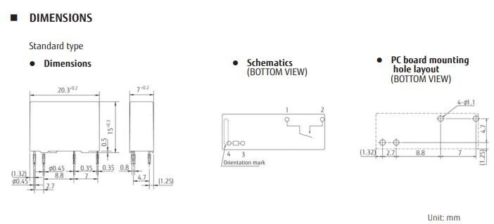 Relejs DC12V, SPST-NO, 5A/250VAC, 5A/30VDC, 720R(16.6mA), viens kontakts uz saslēgšanu, 20.3x7.0x15mm, FUJITSU