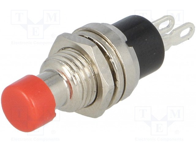 Poga SPST-NC, ON-(OFF), 1A/250VAC, Ø7mm*22mm, 1 kontakts uz ATSLĒGŠANU, sarkna krasa, bez fiksacijas