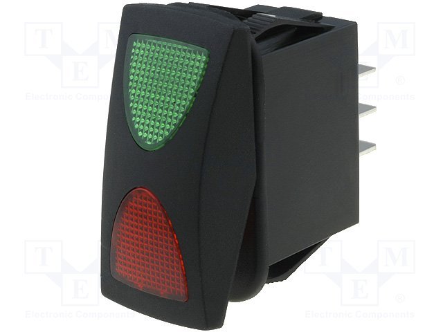 Taustiņslēdzis SP3T, ON-OFF-ON, 10A/250VAC, 47.3x25x26.9mm, IP66, LED, sarkanā-melnā krasa, ar fiksāciju