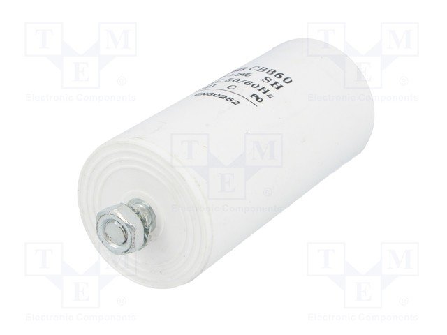 60.0/450V, ±5%, elektromotoru kondensators, klemes 6.3mm, 3000h, M8, Ø50x106mm