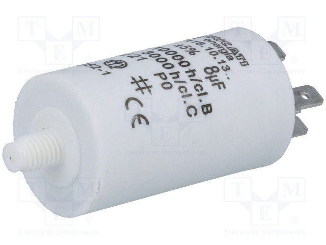 8.0/425VAC, ±5%, elektromotoru kondensators, spailes 6.3mm, 10000h, M8, Ø32x55mm