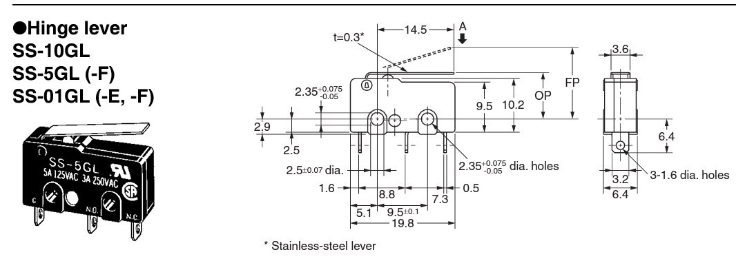 Mikropārslēdzējs ar sviru L=14.5mm, SPDT, ON-(ON), 3A/250VAC, 5A/125VAC, THT, IP40, 19.8x6.4x10.2mm, viens kontakts