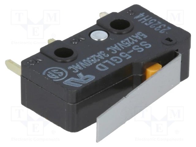 Mikropārslēdzējs ar sviru L=14.5mm, SPDT, ON-(ON), 3A/250VAC, 5A/125VAC, THT, IP40, 19.8x6.4x10.2mm, viens kontakts