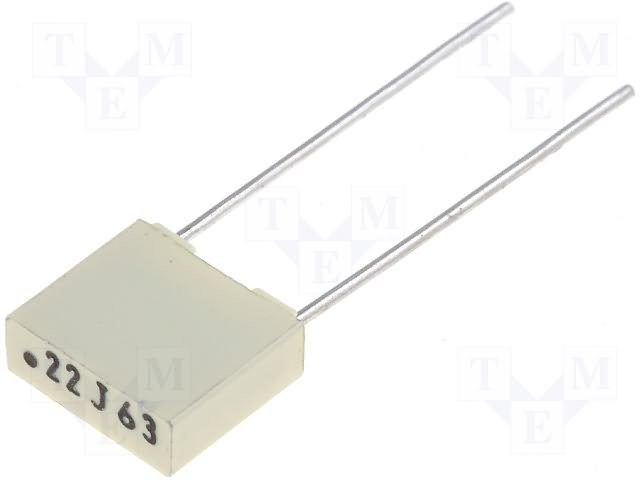 220nF/63VDC, 40VAC, ±10%, plēves, poliefirs kondensators, 5mm, 2.5x6.5x7.2mm, KEMET