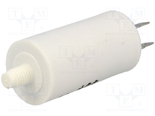 5.0/425VAC, ±5%, elektromotoru kondensators, klemes 6.3mm, 10000h, M8, Ø28x55mm