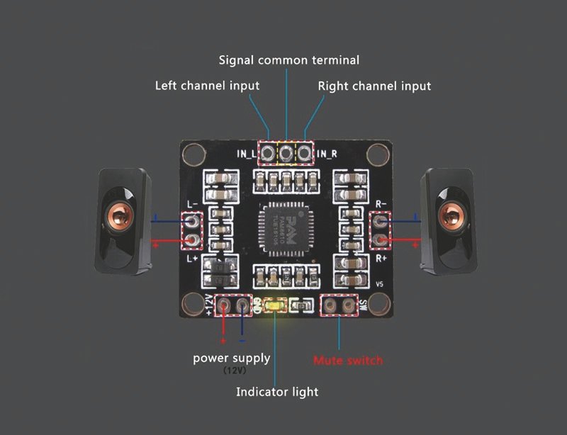 Modulis: audio, jaudas pastiprinātājs, stereo, 2x10W/8R, Class D, DC12V/2A, 25x31x3mm, PAM8610