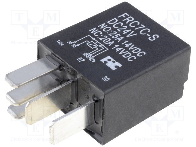 Relejs DC24V, SPDT, 20A/14VDC, 384R(62.5mA), viens kontakts uz pārslēgšanu, 23x26x15.5mm, FORWARD INDUSTRIAL CO.