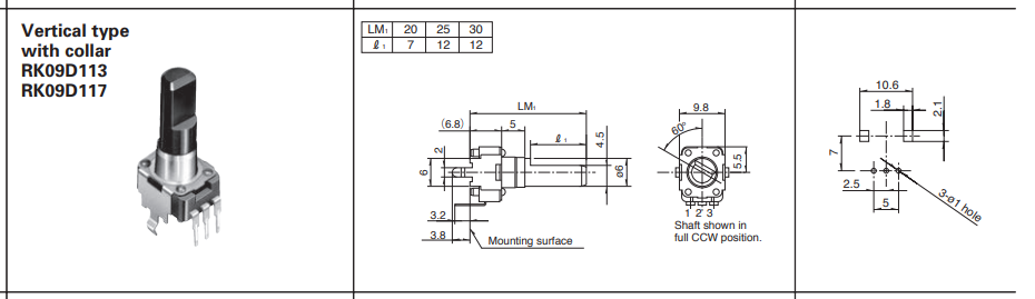 10K mono, 10.4x11.8x6.8mm, solis=2.5mm, 125mW, 300°, 6mm, D-profils, potenciometrs lineare atkarība, PCB veida