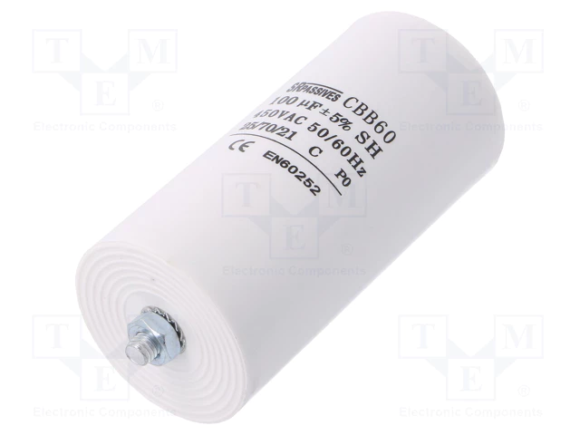 100.0/450VAC, ±5%, elektromotoru kondensators, klemes 6.3mm, Ø60 x 100mm, M8, 3000h