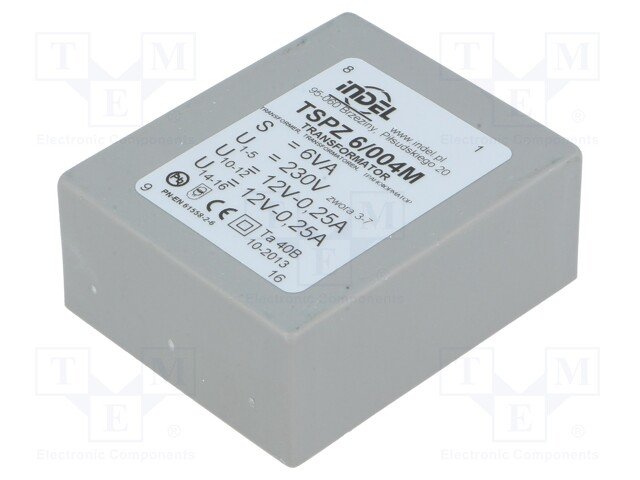 Transformators 220V=>2x12V, 2x250mA, 6VA, 44x53x21.8mm