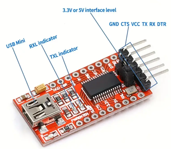 Modulis: Konverters, USB-B mini - UART, ar džemperi, 36x18x12mm, Baze FT232RL