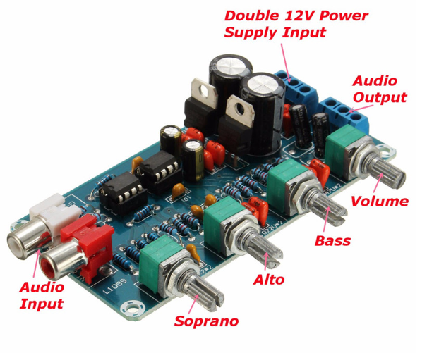 Modulis: audio, priekšpastiprinātājs, stereo, ar skaļuma kontroli, DC12VDC, 112x70x23mm, NE5532, detaļu komplekts "Dari pats"