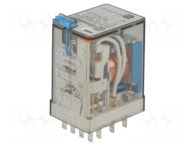 Relejs DC24V, 4PDT, 4x7A/250VAC, 4x7A/24VDC, 600Ω(40mA), četri kontakti uz pārslēgšanu, 27,7x20,7x35,8mm, FINDER
