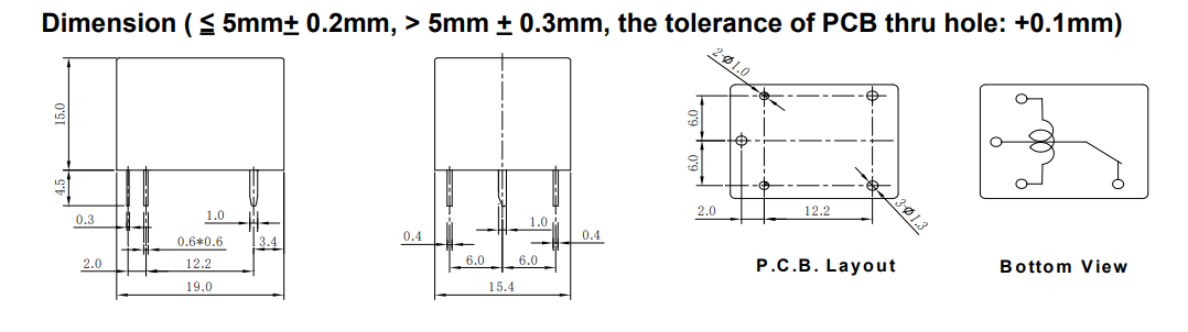 Relejs DC12V, SPST-NO, 12A/250VAC, 15A/125VAC, 15A/24VDC, 400R(30mA), viens kontakts uz saslēgšanu, 15.4x19x15mm, AMPHENOL ANYTEK