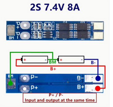 Modulis: Li-po/li-ion uzlādēšanas ierīce, 2 baterijas, 8.4/7.4VDC, 8A, 38x8x2.5mm