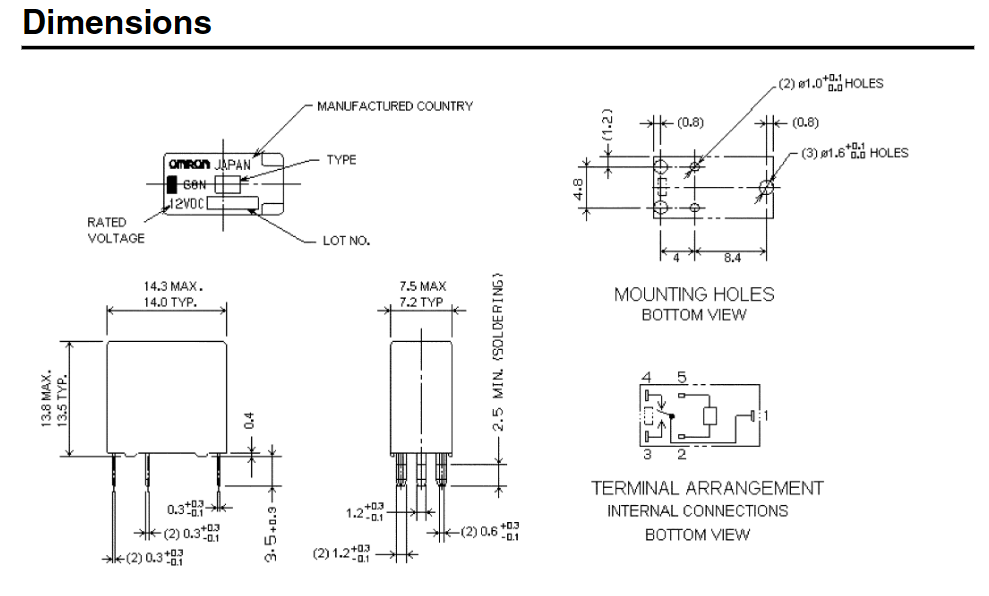 Relejs 12VDC, SPDT, 30A/14VDC, 225R(53mA), viens kontakts uz pārslēgšanu, 14x7.2x13.5mm, Omron