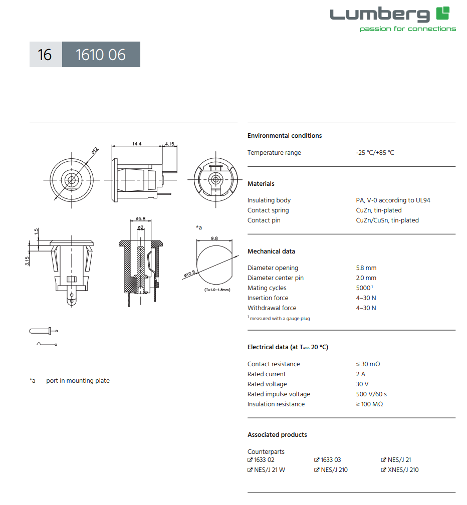 2.1*5.5mm, ligzda, ar sprūdiem (dia. 10.8mm), plastmasas, vadam, 2A/30VDC, LUMBERG