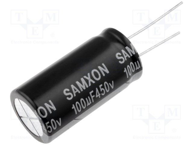 100/450V, 105C, Ø18x35.5mm, ±20%, Kondensators elektrolītisks, 2000h, SAMXON, ar lokanien izvadiem