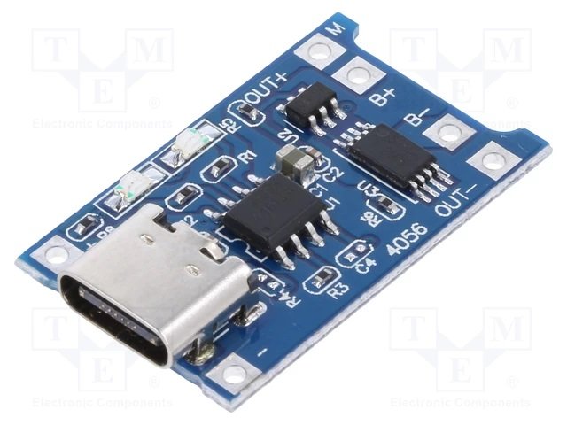 Modulis: Li-po/li-ion uzlādēšanas ierīce, 1 baterija, TP4056, 4.2VDC, 1A, microUSB-C, 26x16x5mm