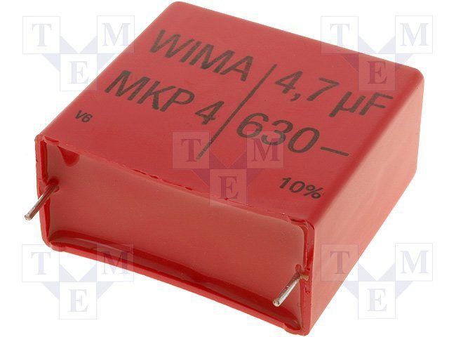 4.7mkF/630VDC, 280VAC, ±10%, polipropilēns kondensātors 37.5mm, 20x39.5x41.5mm, WIMA