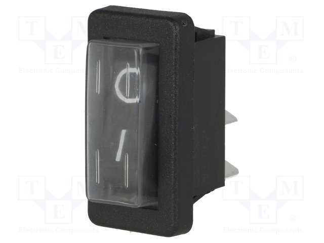 Taustiņslēdzis SPST, ON-OFF, 16A/250VAC, 11x30x33mm, IP44, (--O), 6.3x0.8mm, melnā krasa, ar fiksāciju