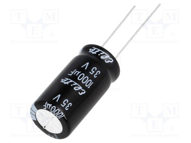 1000/35V, 105C, Ø12.5x25mm, ±20%, Kondensators elektrolītisks, 2000h, Elite, ar lokaniem izvadiem