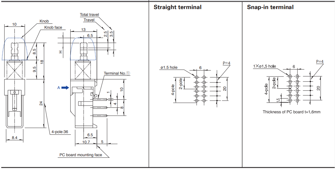 Poga 4PDT, ON-ON, 0.1A/30VDC, THT, 10x36x13mm, solis 7x4mm, ar fiksaciju