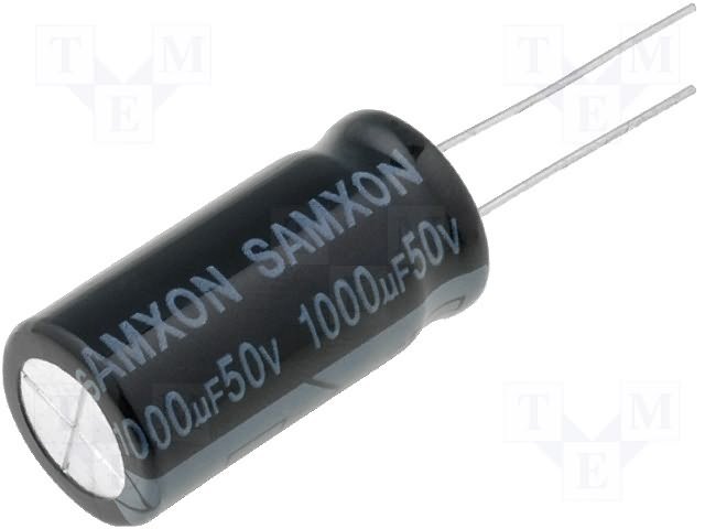 1000/50V, 105C, Ø12.5x25mm, ±20%, Kondensators elektrolītisks, 2000h, SAMWHA, ar lokaniem izvadiem