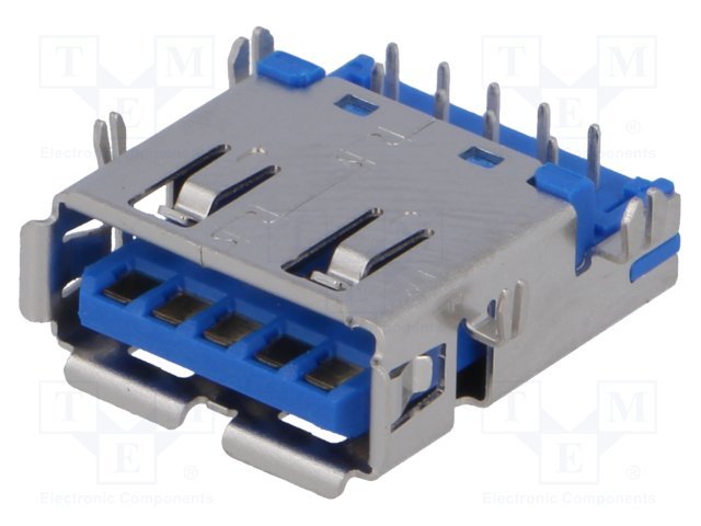 USB A(3.0) ligzda uz šasija, horizontāls, THT montāža, vidū platei, 4 piestiprinājuma punkti