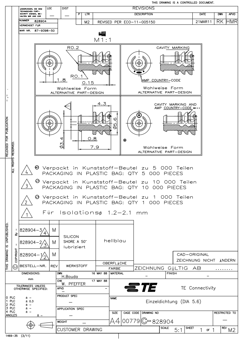 AMP serija Superseal 1.5, blīvēšana, d=1.2...2.1mm