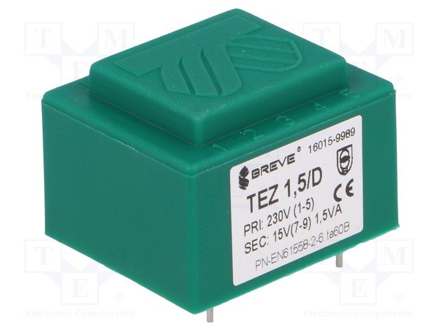 Transformators 220V=>15V, 100mA, 1.5VA, 28x33x22mm