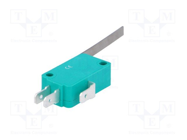 Mikropārslēdzējs ar sviru L=53mm, SPDT, ON-(ON), 10A/250VAC, IP40, konektori 4.8x0.5mm, 28x10.3x16mm, viens kontakts uz pārslēgšanu