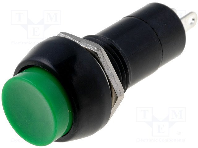 Poga SPST-NO, OFF-(ON), 1A/250VAC, Ø12mm, Ø17.2x35.2mm, zaļa krasa, bez fiksacijas