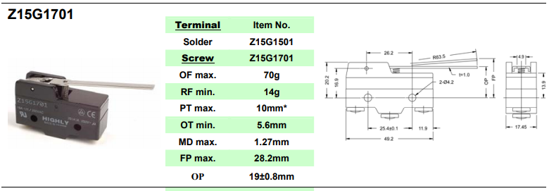 Mikropārslēdzējs ar sviru L=63.5mm, SPDT, ON-(ON), 20A/250VAC, IP40, 49.2x17.45x24.2mm, viens kontakts