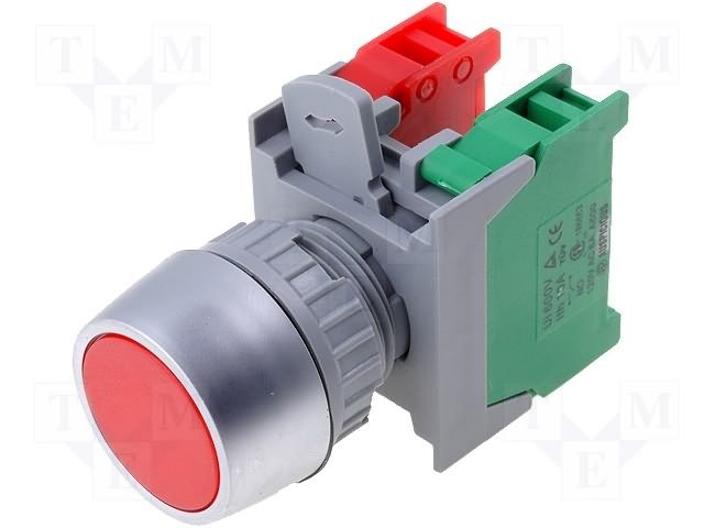 Paneļu slēdzejs, 22mm, 2 poz., ON-(OFF), sarkana, IP65, 3A/230VAC, divi kontakti uz sasl/atslēg.