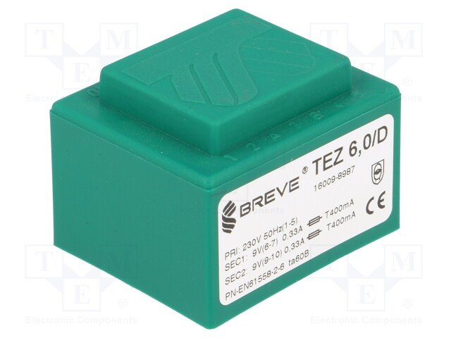 Transformators 220V=>2x9V, 2x330mA, 6VA, 45x38x32mm