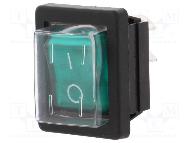 Taustiņslēdzis DPST, ON-OFF, 16A/250VAC, 25x30x33mm, IP44, (--O), 6.3x0.8mm, apg. 230VAC, zaļa krasa, ar fiksāciju