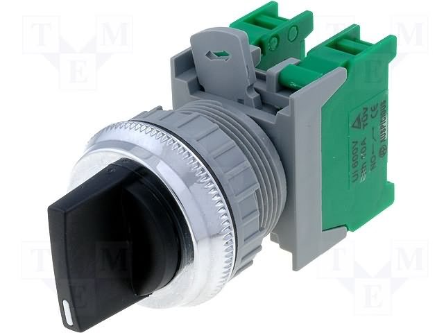 Paneļu slēdzejs, 22mm, 3 pozic., ON-OFF-ON, melns, IP65, 3A/230VAC, divi kontaktu uz saslēgšanu