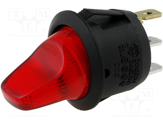 Taustiņslēdzis SPST, OFF-ON, 6A/250VAC, 20A/12VDC, D=23mm, (tumblera veida), ar apgaism. neon. spul., sarkanā krasa, ar fiksāciju