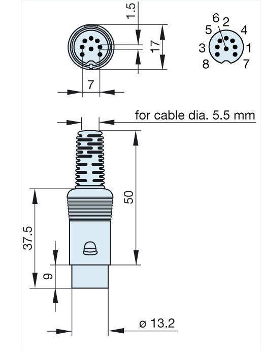 8DIN štekers, 34V/2A, 262°, HIRSCHMANN, uz vadu