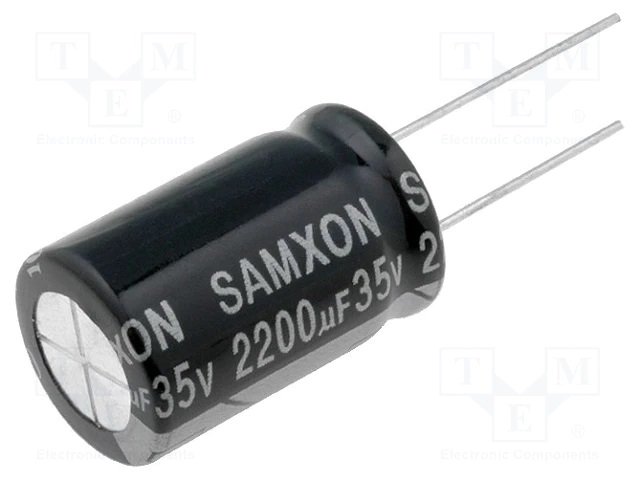 2200/35V, 105C, Ø16x25mm, ±20%, Kondensatori zemas induktivitātes, 10000h, SAMXON, ar lokaniem izvadiem