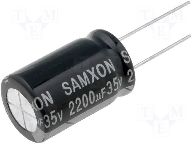 2200/35V, 105C, Ø16x25mm, ±20%, Kondensatori zemas induktivitātes, 10000h, SAMXON, ar lokaniem izvadiem