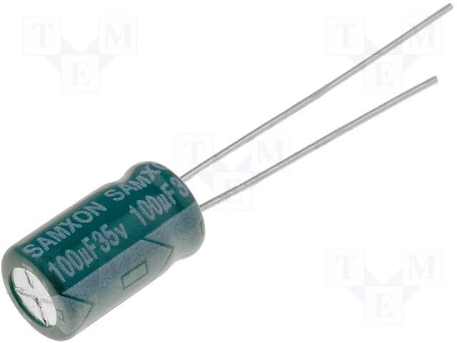 100/35V 105C, Ø6.3x11mm, ±20%, Kondensatori zemas induktivitātes, 3000h, Samxon, ar lokaniem izvadiem