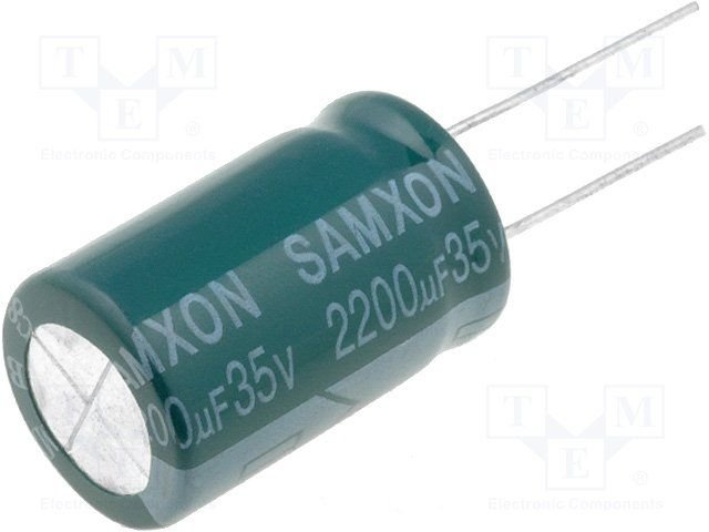 2200/35V, 105C, Ø16x25mm, ±20%, Kondensatori zemas induktivitātes, 4000h, SAMXON, ar lokaniem izvadiem
