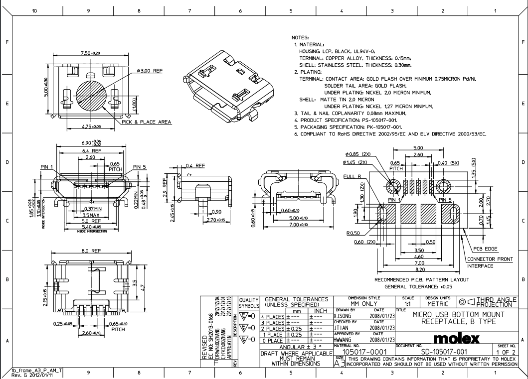 MicroUSB-B, ligzda 5 pin, leņkisks, SMD veida PCB, 4 piestiprinājuma punkti, (Molex)